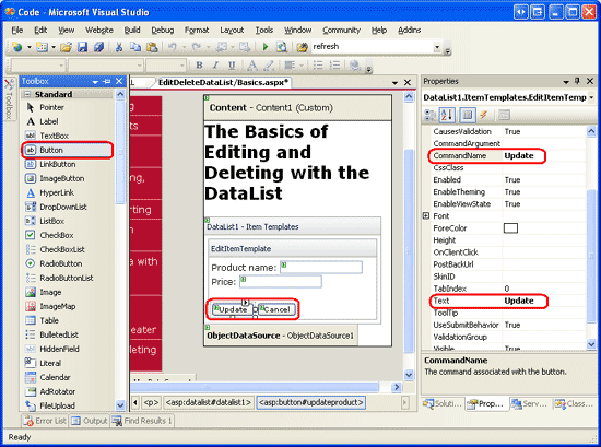 Screenshot che mostra datalist EditItemTemplate con i pulsanti Aggiorna e Annulla aggiunti.