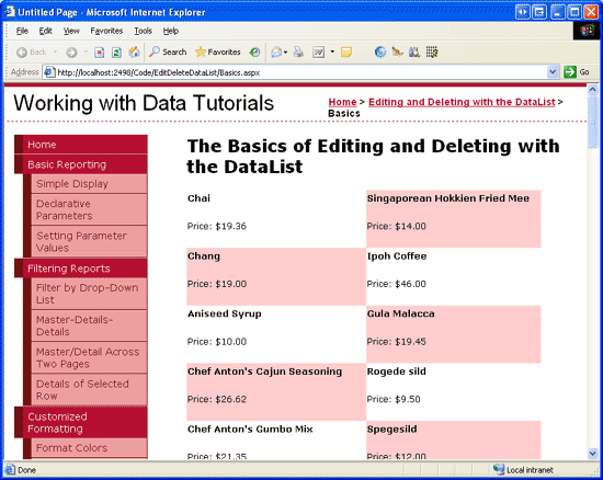 I nomi e i prezzi dei prodotti vengono visualizzati in un Two-Column DataList