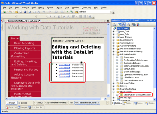 Aggiungere il controllo utente SectionLevelTutorialListing.ascx a Default.aspx