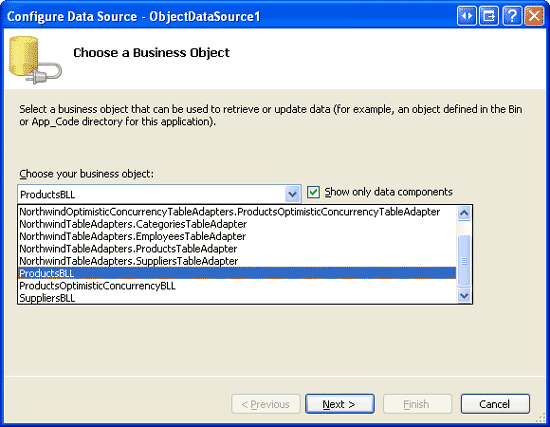 Configurare ObjectDataSource per l'uso della classe ProductsBLL