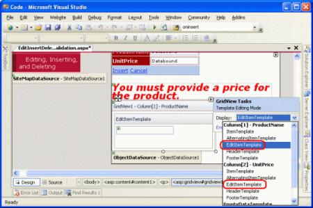 È necessario estendere i parametri EditItemTemplate di ProductName e UnitPrice