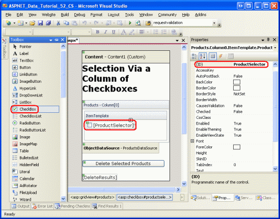 Aggiungere un controllo Web CheckBox denominato ProductSelector a TemplateField s ItemTemplate
