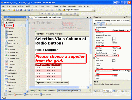 Aggiungere un controllo Web Label sopra la GridView
