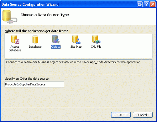Associare il GridView di ProductsBySupplier a un nuovo ObjectDataSource