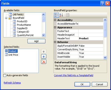 Rimuovere tutti gli elementi ProductName e UnitPrice BoundFields