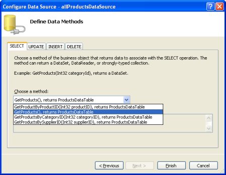 Configurare ObjectDataSource per richiamare il metodo GetProducts()
