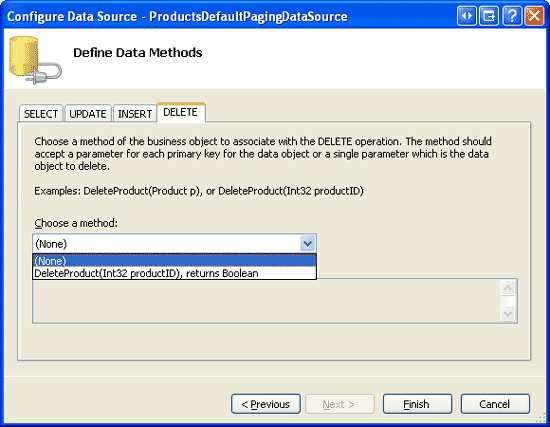 Creare un oggetto ObjectDataSource e configurarlo per usare il metodo GetProductsAsPagedDataSource()