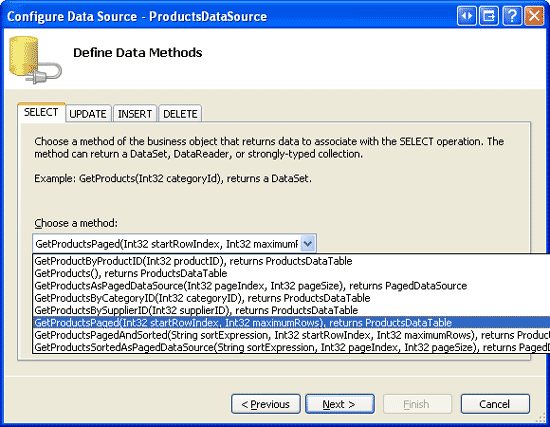 Configurare ObjectDataSource per usare il metodo GetProductsPaged della classe ProductsBLL