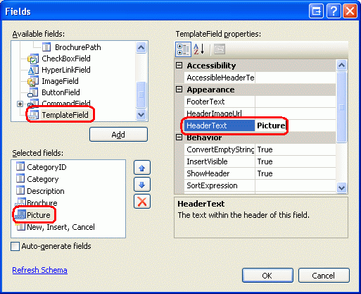 Screenshot che mostra la finestra dei campi con TemplateField, Picture e HeaderText evidenziato.