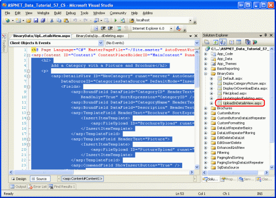 Copiare il markup dichiarativo da UploadInDetailsView.aspx