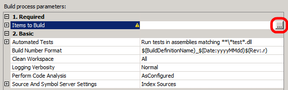 Nella tabella Parametri del processo di compilazione fare clic nella riga Items to Build (Elementi da compilare) e quindi fare clic sul pulsante con i puntini di sospensione.