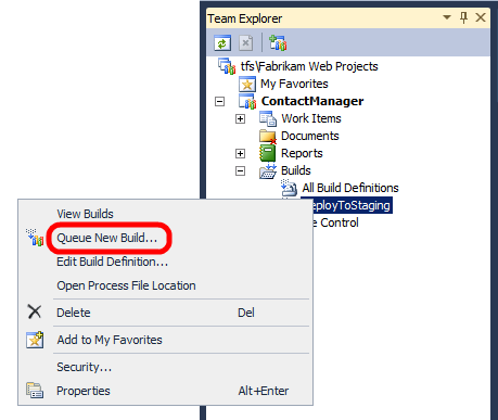 Nella finestra Team Explorer fare clic con il pulsante destro del mouse sulla definizione di compilazione e quindi scegliere Accoda nuova compilazione.