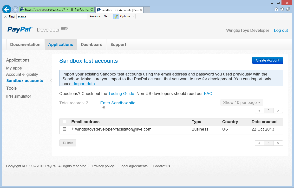 Screenshot che mostra la pagina Account di test sandbox con la scheda Applicazioni evidenziata.