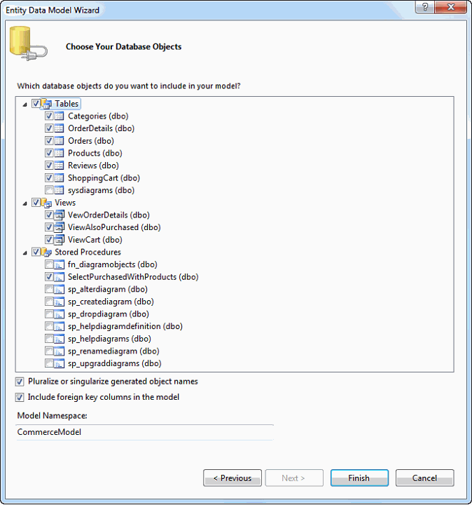 Screenshot che mostra dove selezionare gli oggetti di database.