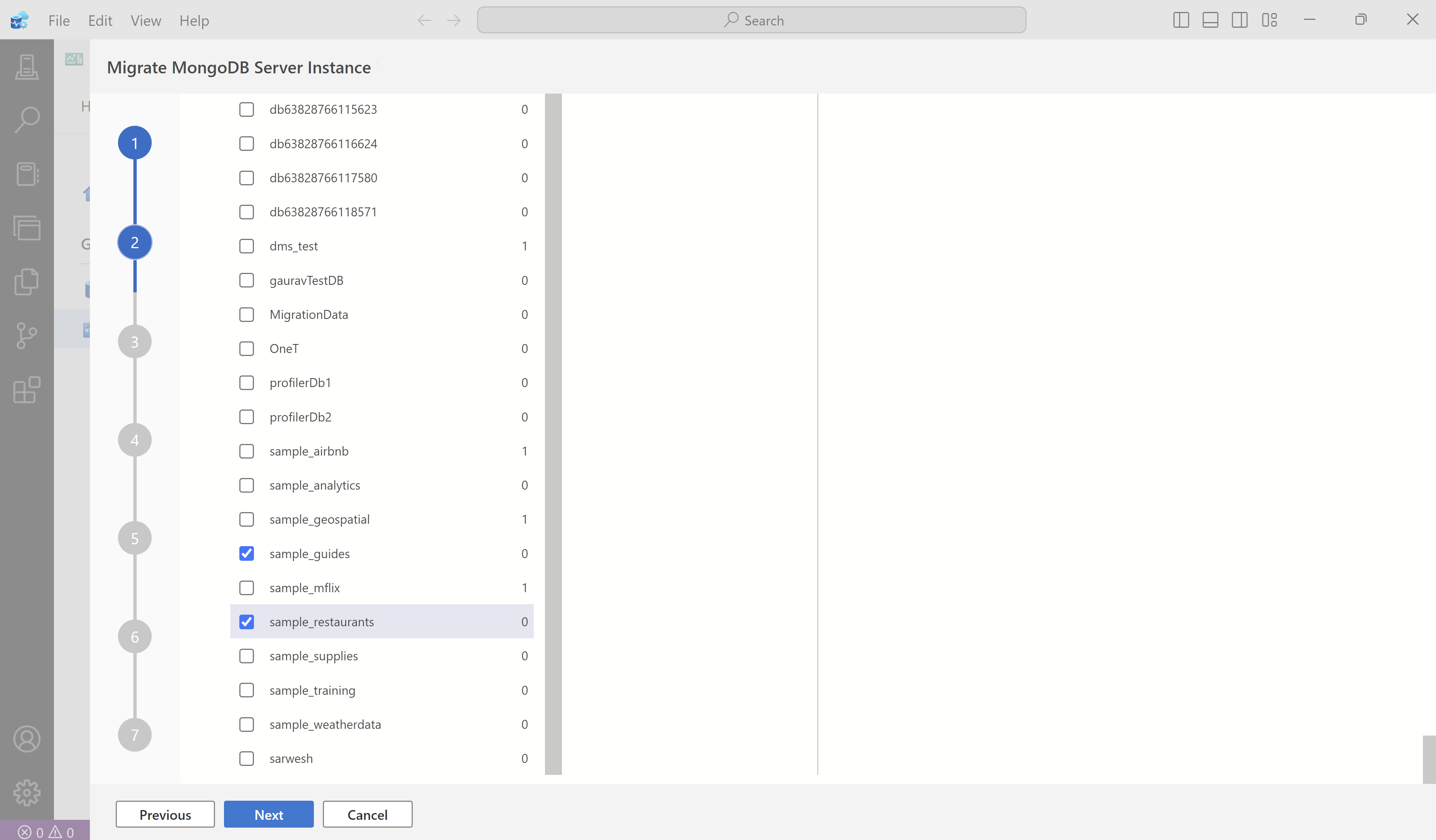 Screenshot del database selezionato per la migrazione.