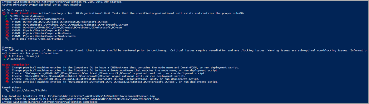 Screenshot di un altro report non riuscito dopo l'esecuzione del validator di Active Directory.