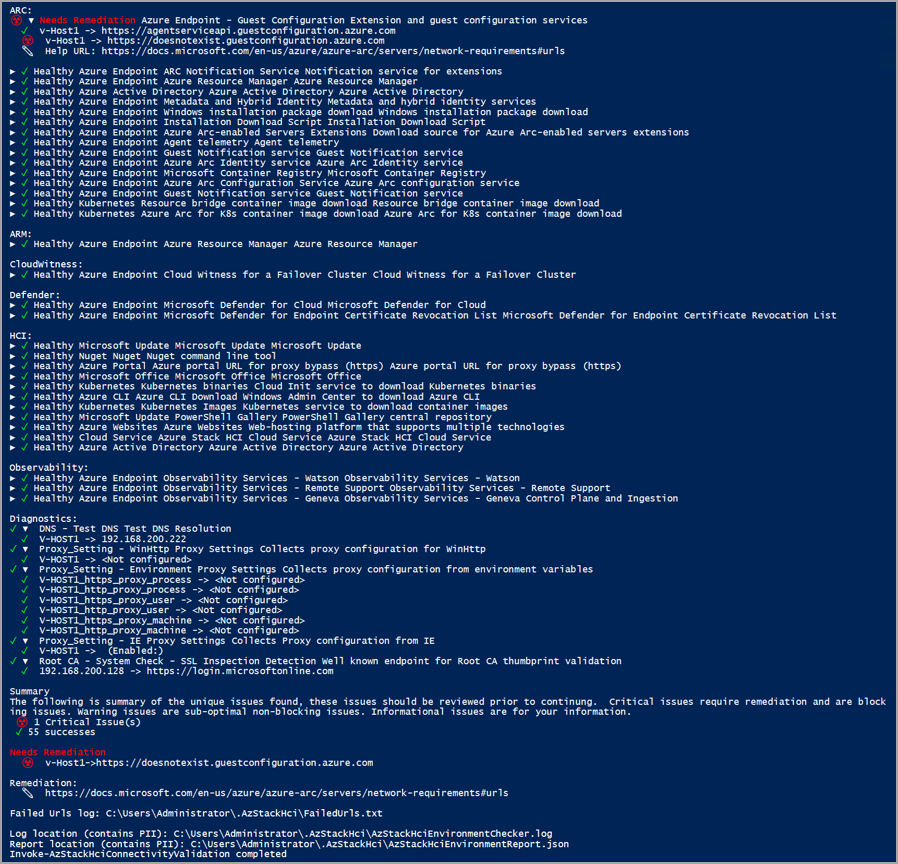 Screenshot di un report non riuscito dopo l'esecuzione del validator di connettività.
