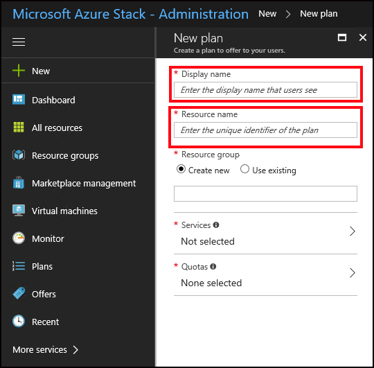 Specify details for new plan in Azure Stack Hub