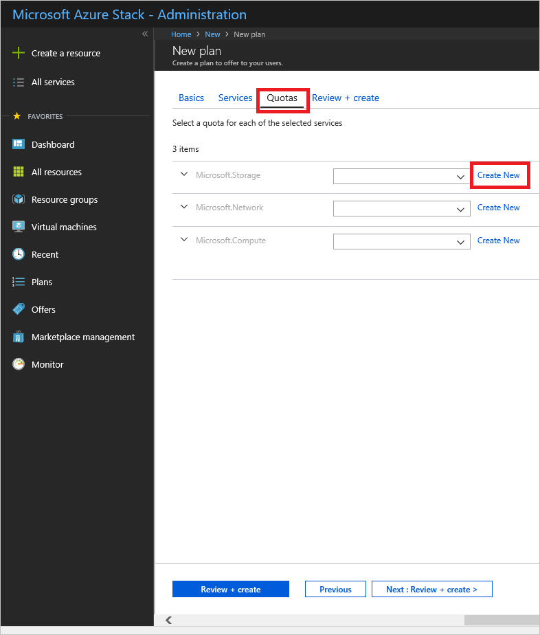 Screenshot that shows how to specify quotas for new plan in Azure Stack Hub