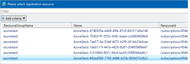 Screenshot che mostra un elenco di tutte le registrazioni di Azure Stack disponibili nella sottoscrizione selezionata.