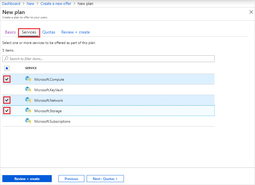 Screenshot che mostra i servizi del piano nel portale di amministrazione dell'hub di Azure Stack.