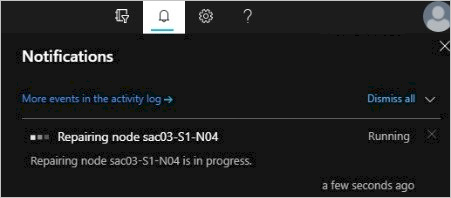 Screenshot che mostra il riquadro 'Notifiche' con 'Repairing node - Running' visualizzato.