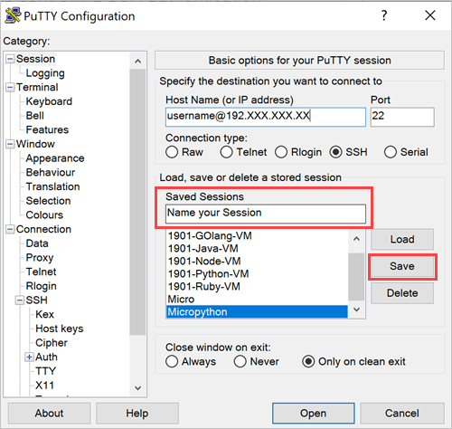 Riquadro Configurazione PuTTY 