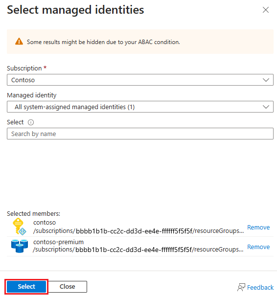 Screenshot che mostra il riquadro aggiungi Identità gestite selezionate.