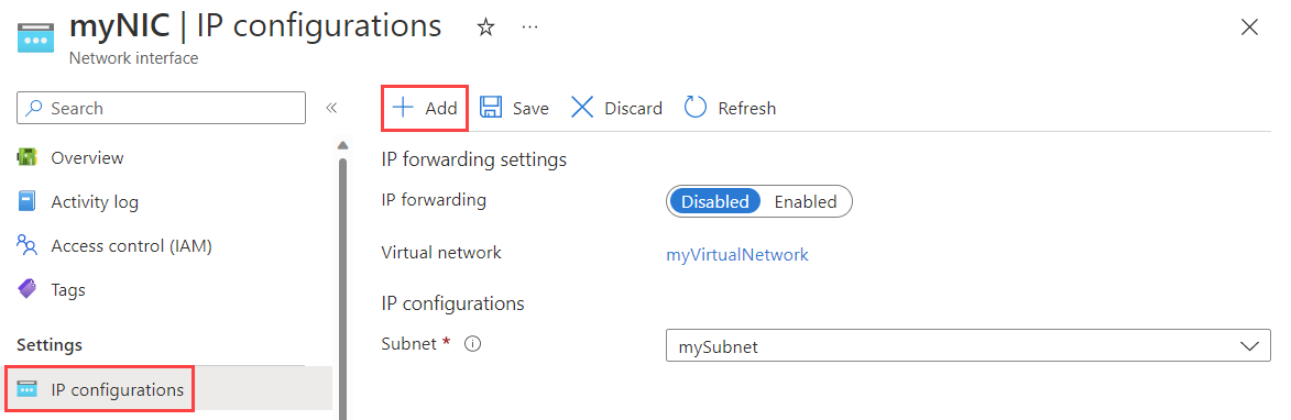 Screenshot della pagina configurazioni IP nel portale di Azure.