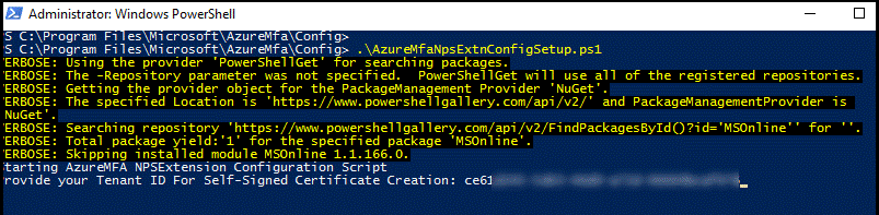 Input dell'ID tenant in PowerShell