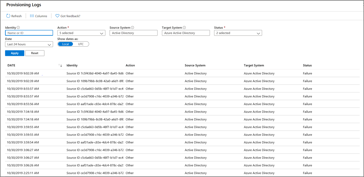 Screenshot che mostra informazioni sui log di provisioning.