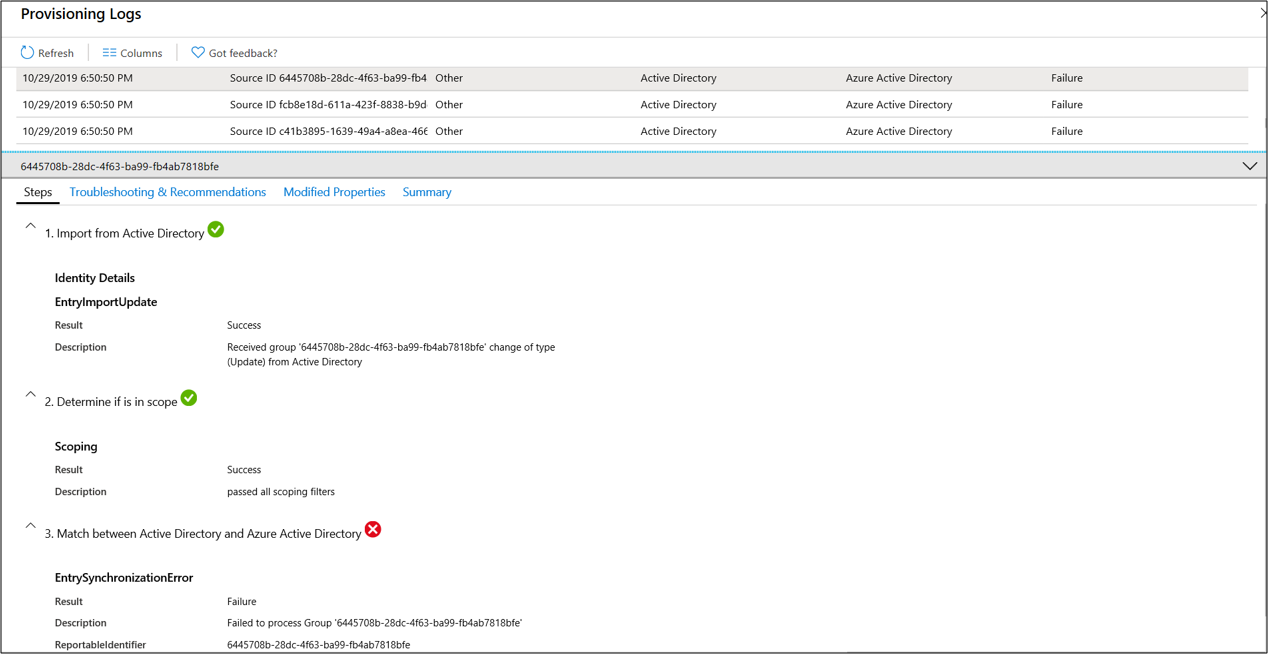 Screenshot che mostra le informazioni dell'elenco a discesa log di provisioning.