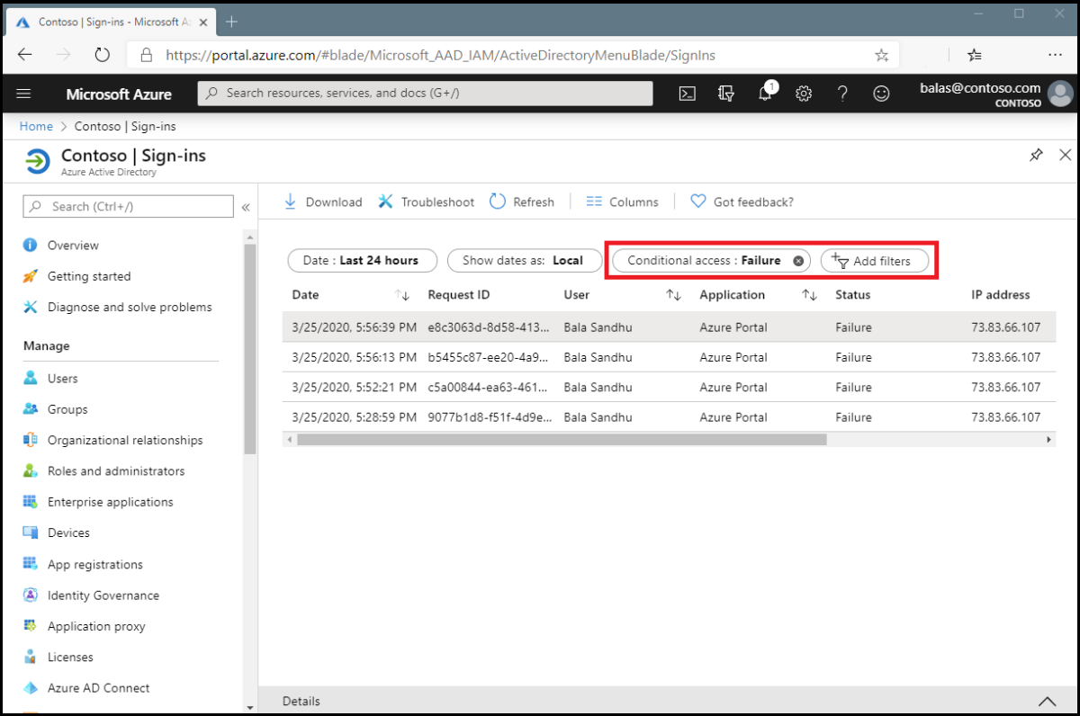 Screenshot che mostra la selezione del filtro accesso condizionale nel log di accesso.
