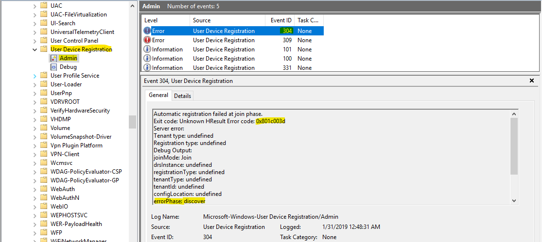 Screenshot of Event Viewer, with event ID 304 selected, its information displayed, and its error code and phase highlighted.