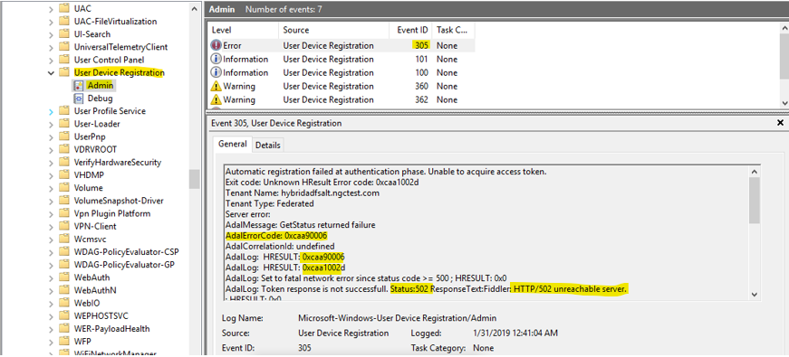 Screenshot of Event Viewer, with event ID 305 selected, its information displayed, and the ADAL error codes and status highlighted.
