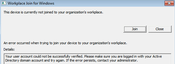 Screenshot of the Workplace Join for Windows dialog box. Text reports that an error occurred during account verification.