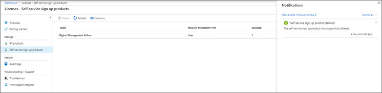 Screenshot che mostra l'elenco dei prodotti di iscrizione self-service e un riquadro che conferma l'eliminazione di un prodotto di iscrizione self-service.