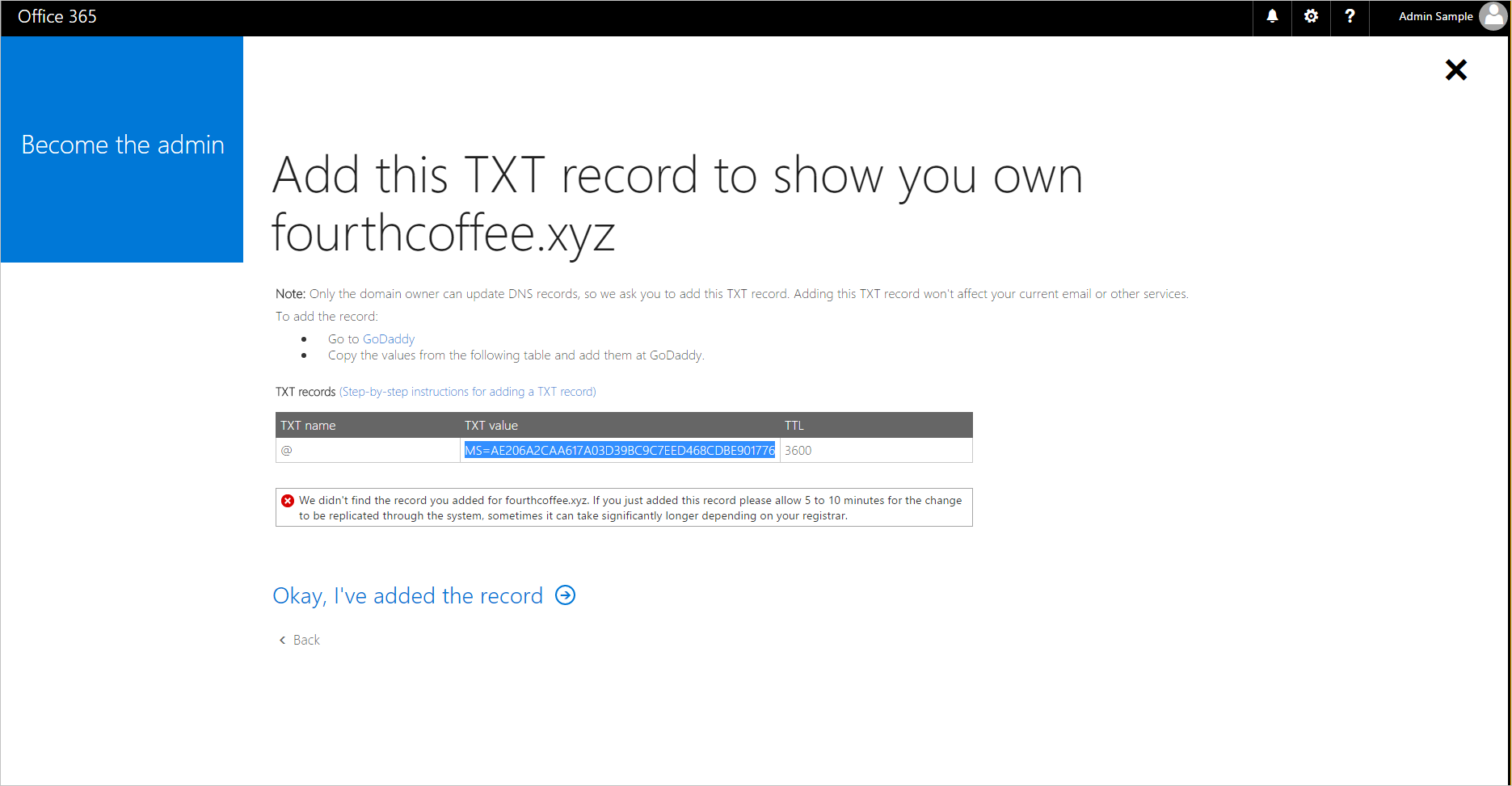 Screenshot dell'opzione Aggiungi un record TXT per il nome di dominio.