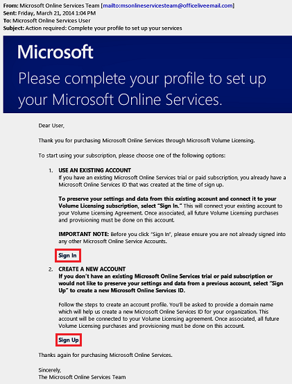 Screenshot del messaggio di posta elettronica di conferma con i collegamenti di accesso e iscrizione.