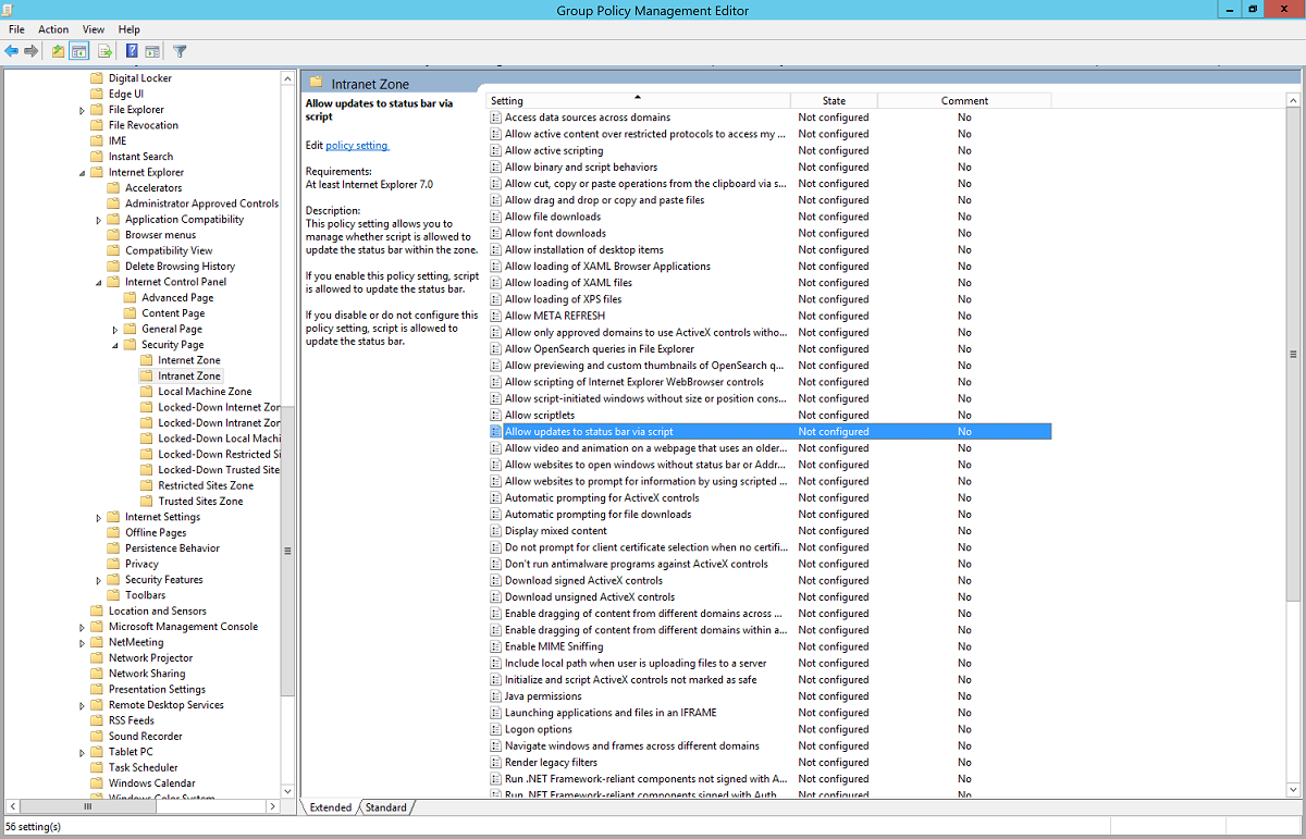 Screenshot che mostra la pagina Area Intranet con Consenti aggiornamenti alla barra di stato tramite script selezionato.