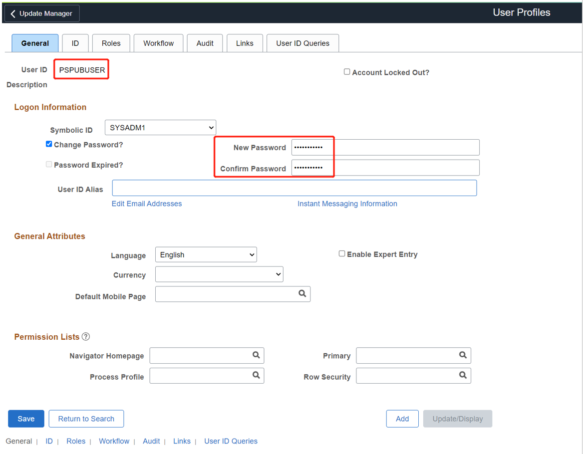 Screenshot dell'opzione ID utente PS PUBUSER e change-password.