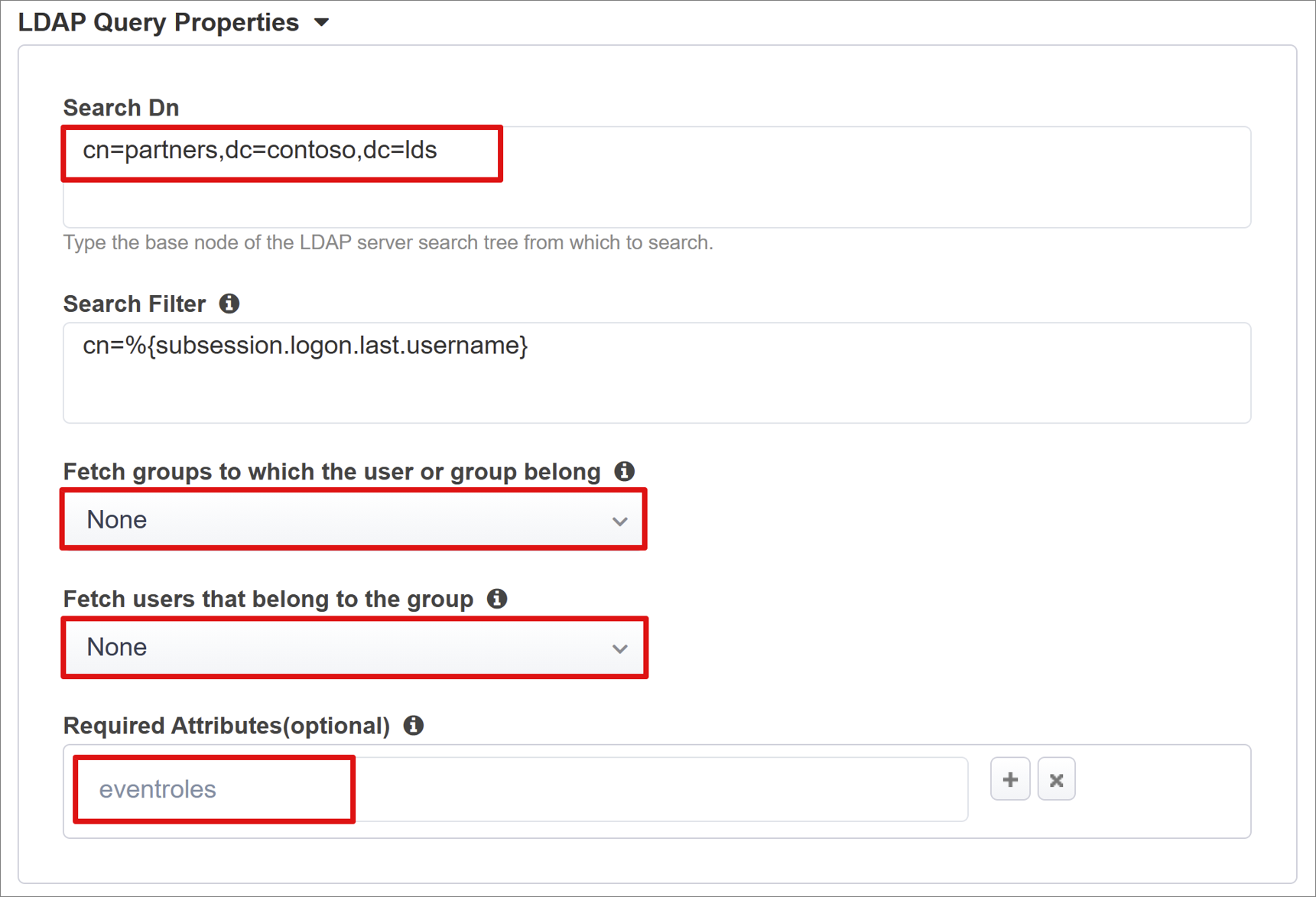 Screenshot delle voci delle proprietà della query LDAP.