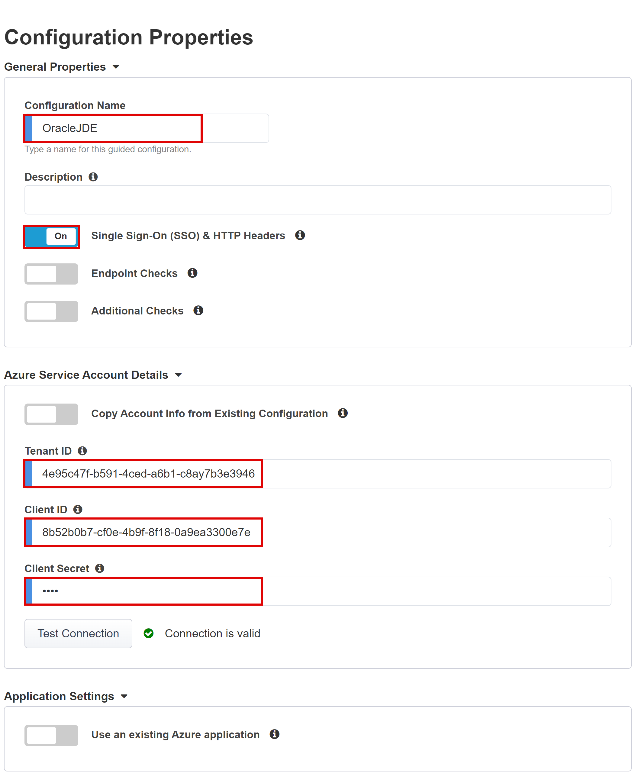 Screenshot delle opzioni e delle selezioni per Proprietà di configurazione.