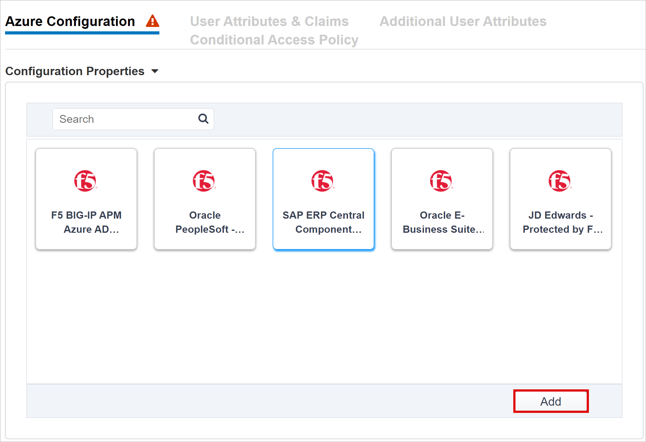 Screenshot dell'opzione SAP ERP Central Component in Configurazione di Azure e del pulsante Aggiungi.
