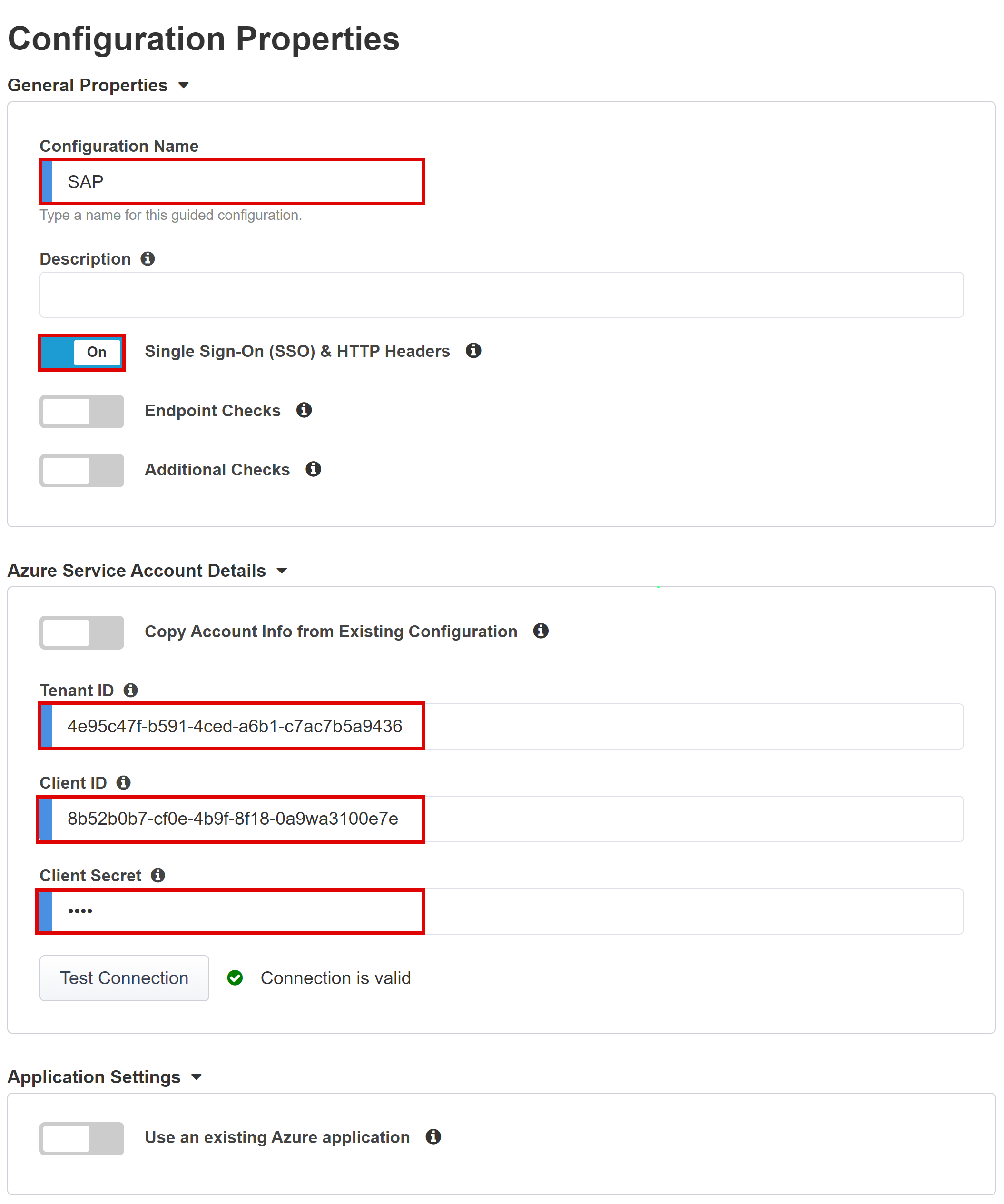 Screenshot delle opzioni e delle selezioni per Proprietà di configurazione.
