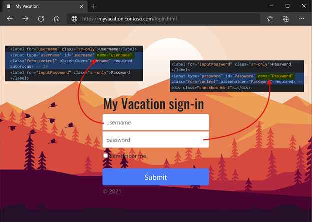 Screenshot della pagina di accesso con callout per il campo nome utente e la password.