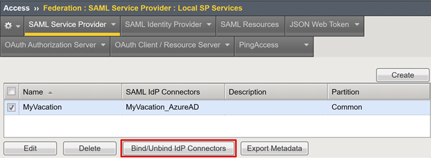 Screenshot dell'opzione Binding Unbind IdP Connessione ors nella scheda Provider di servizi SAML.