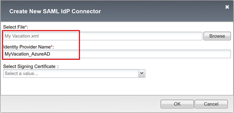 Screenshot dei campi Select File and Identity Provider name (Seleziona nome file e provider di identità) in Create New SAML IdP Connessione or (Crea nuovo IDP SAML).