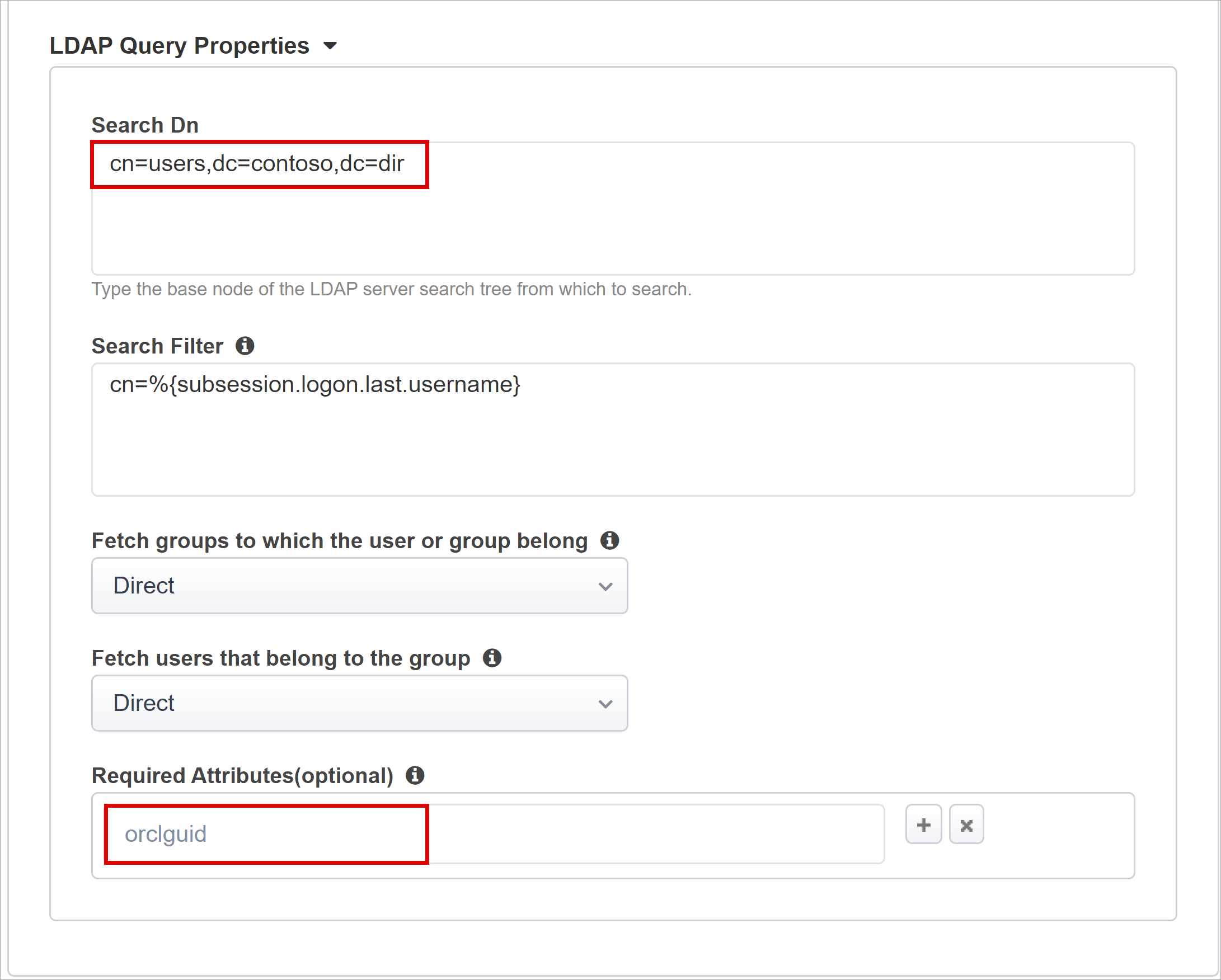 Screenshot delle voci e delle opzioni per le proprietà di query LDAP