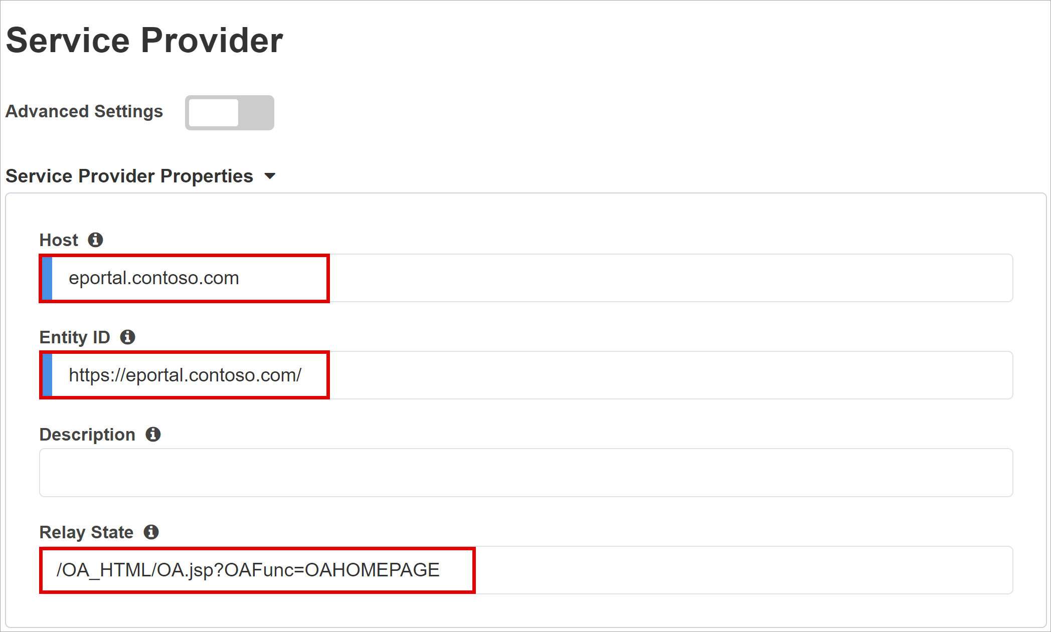 Screenshot per l'input e le opzioni del provider di servizi.